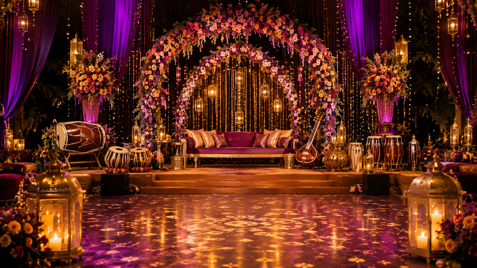 Sangeeth stage with flowers and musical instruments